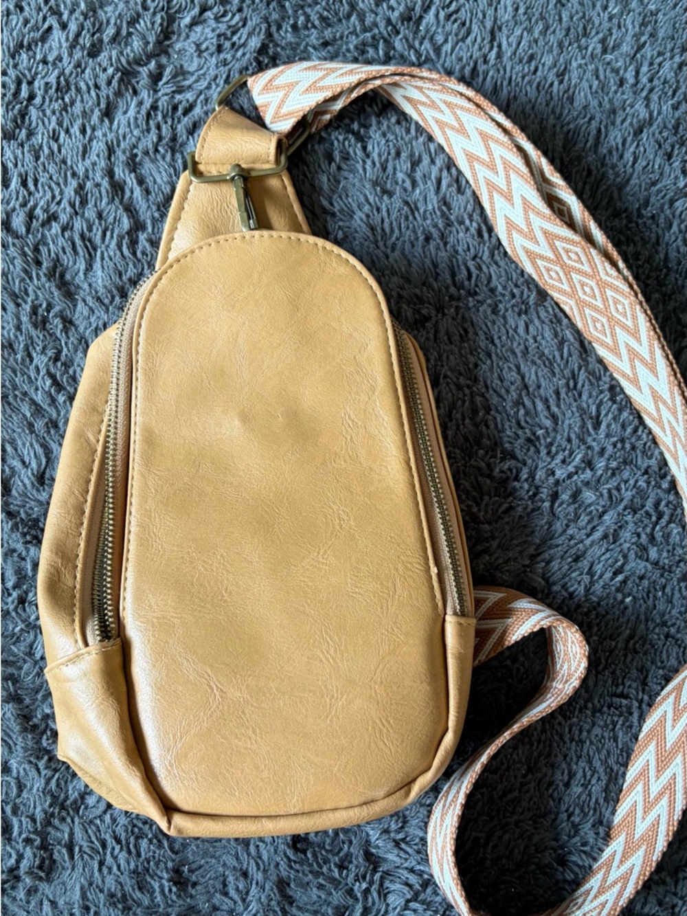 Faux Tan Leather Crossbody Sling Bag with Patterned Strap